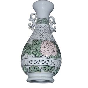 Vintage 50's White Porcelain Chinese Vase Pink Green Hand Painted Floral Design